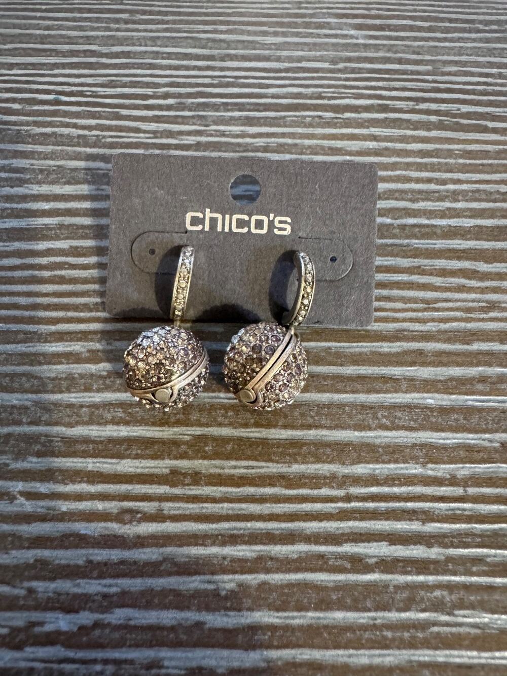 Chico’s Bronze Gold Tone Pavé Crystal Ball Drop Dangle Earrings NWT